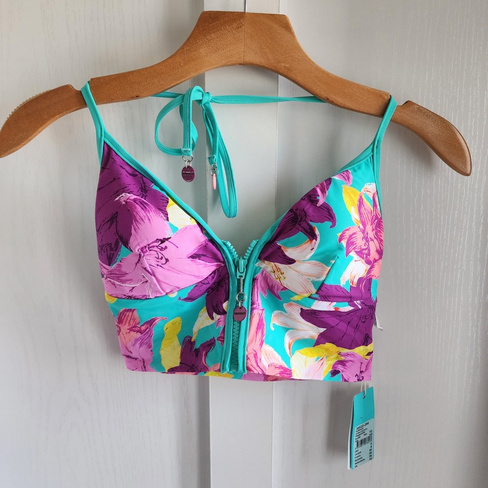 Seafolly Full Bloom Long-line Bikini Top Peppermint Floral Zip Halter NWT US 6